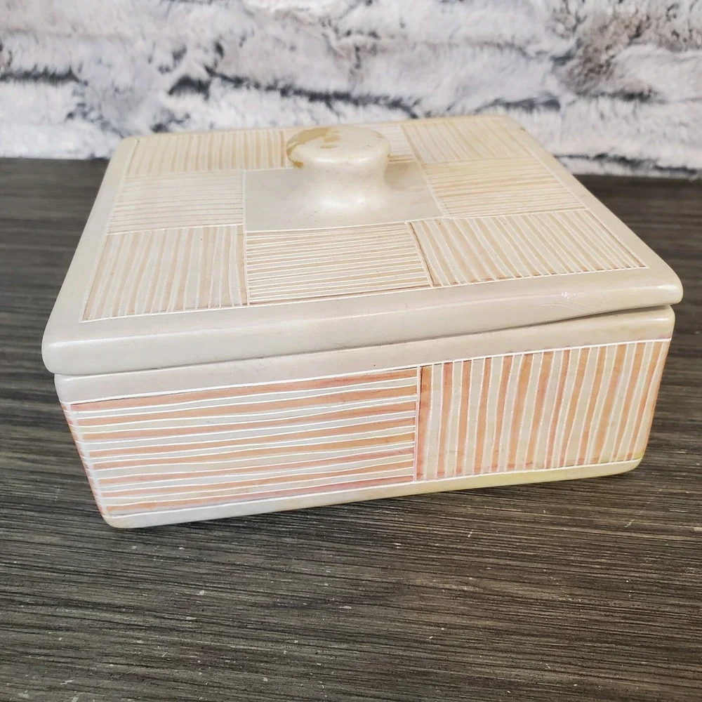 Square Carved Soapstone Trinket Box W/ Lid Geometric Neutrals HEAVY Kenya